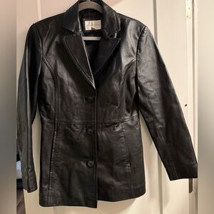 Worthington Women's Classic Black 100% Genuine Leather Jacket Single Breast